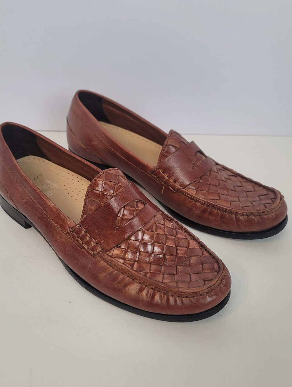 Cole Haan Women's Brown Woven Basketweave Leather Penny Loafers Dress Shoes 9B